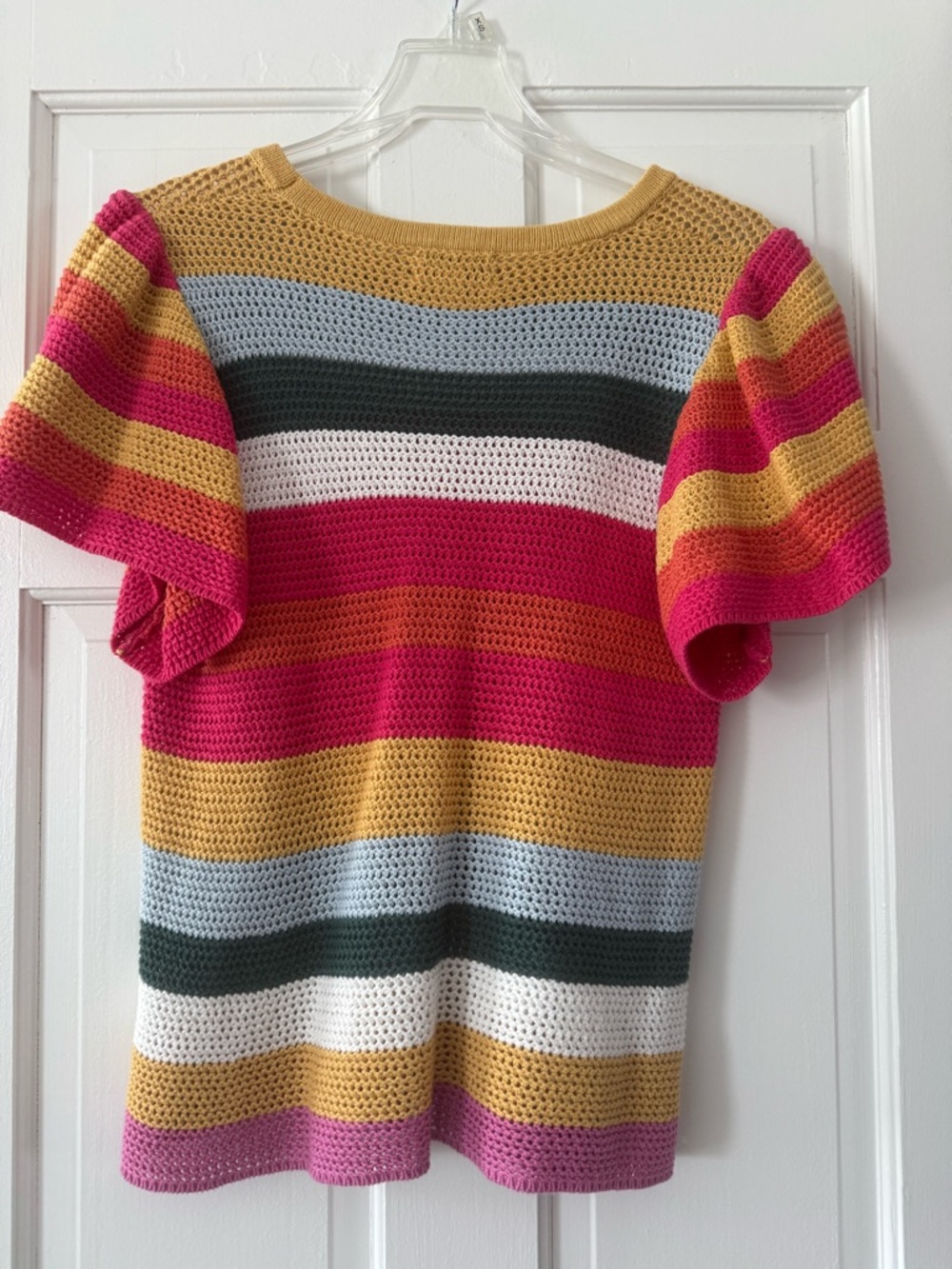Fun Evereve Striped Multi-ColorCrochet Short Sleeve Top, Sz Lg but Fits Like M - Picture 5 of 5